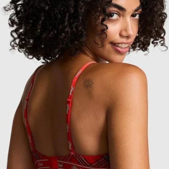 PINK Logo Cotton Triangle Bralette – Red Plaid – Size XXL – NWT - Picture 2 of 12